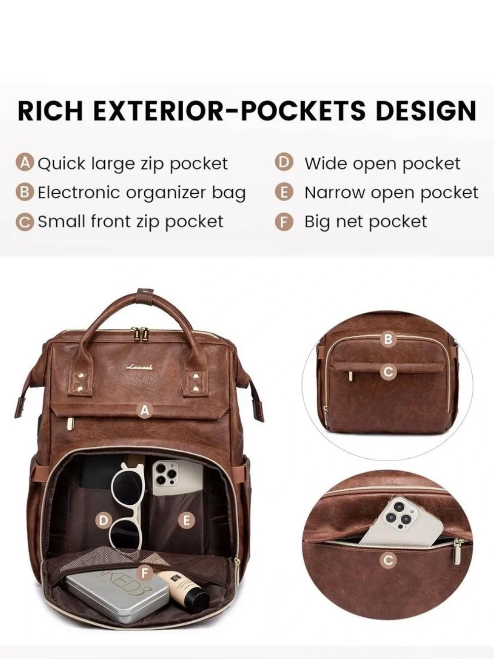 NWT LOVEVOOK brown Vegan Leather 15.6” Laptop Backpack - USB Port & Gold Zippers